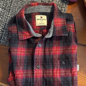 Woolrich Men's Red and Gray Plaid Button Flannel  Shirt